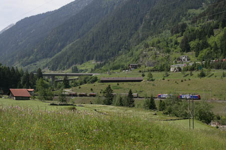 2x SBB Re 482 mit Containerzug bei Wassen