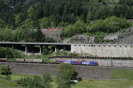 2x SBB Re 482 mit Containerzug bei Wassen